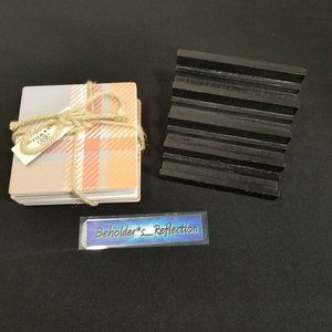 NEW Bee & Willow Set of 4 Spiced Plaid Coasters w/ Black Staircase Holder